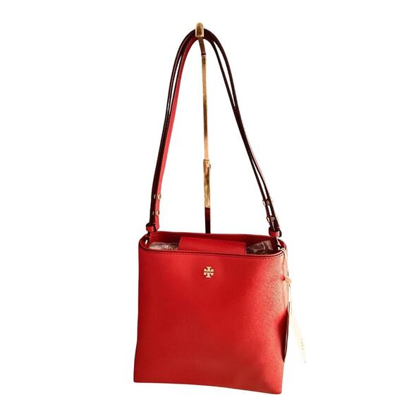 NWT Tory Burch Emerson Bucket Bag Red Saffiano Leather Bearberry Crossbody - Picture 8 of 16